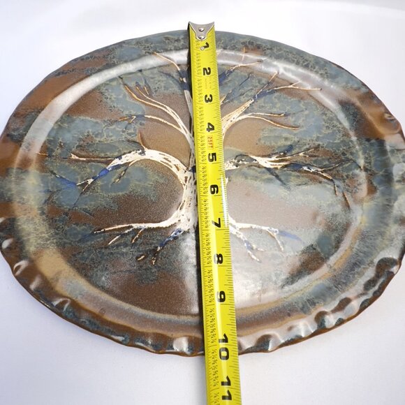 Handcrafted Studio Pottery Tree Plate Earthy Brown and Teal Glaze Art 13” long - Picture 7 of 7